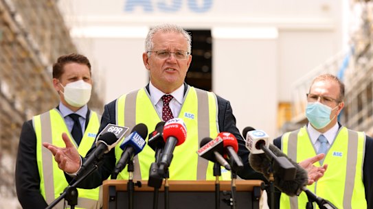 Prime Minister Scott Morrison addresses the media following his tour at ASC in Henderson, south of Perth.