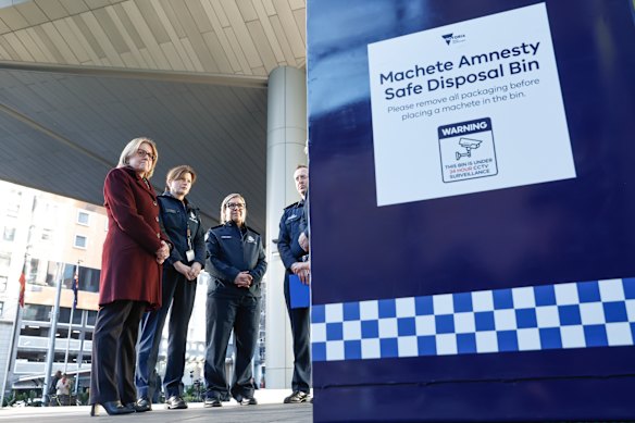 Premier Jacinta Allan views one of the new machete amnesty bins earlier this year.