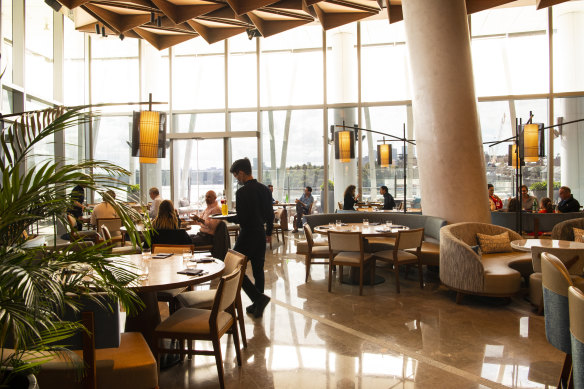 The plush dining room at Nobu Sydney has harbour views and rich textures.