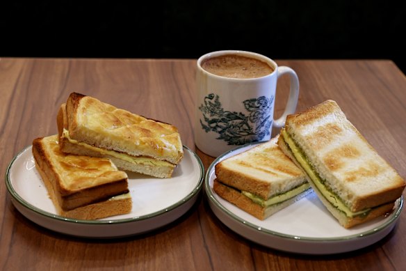 Ananas Bun Toast with Butter (Left) and Kaya Butter (RIGHT) with Hainan Style Kopi.