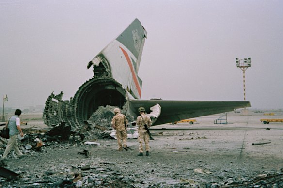 The end of Flight 149: The BA 747 was eventually destroyed on the ground in Kuwait.