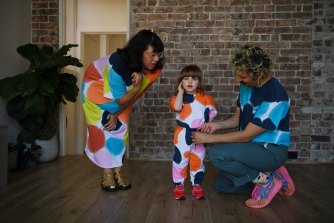 Designer Gary Bigeni styles Elinor, 2, in a piece from his new gender-neutral children’s collection. Elinor’s mother, Jess Scully, also in Gary Bigeni welcomes more choice when shopping for her daughter.