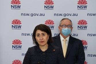NSW Premier Gladys Berejiklian and Health Minister Brad Hazzard at today’s COVID-19 update. 