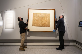 The precious Tasman map is mounted on the walls before the opening of the State Library of NSW’s new exhibition, Maps of the Pacific. 