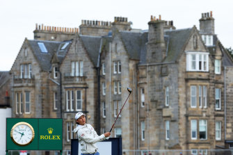 Min Woo Lee tees off on the second hole at St Andrews during the first round of the British Open on Thursday.