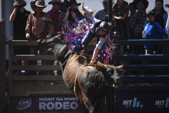 16-year-old Sharlette Johnson is the only woman to compete in the junior bull ride competition at Mt Isa Rodeo on the weekend.