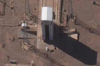 This February 4, 2020 satellite image from Maxar Technologies, shows preparations at a rocket launch pad at the Imam Khomeini Space Center in Iran's Semnan province. An Iranian rocket failed to put a satellite into orbit on Sunday, February 9, state television reported.