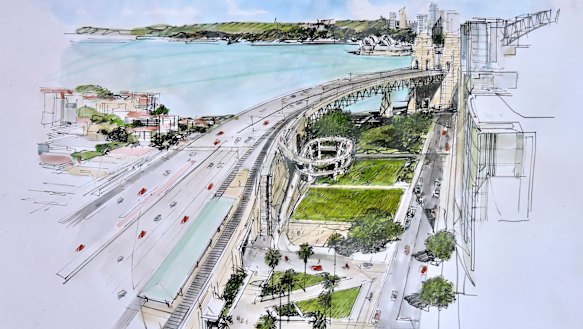 A two-storey spiral ramp is one of two preferred options for the Sydney Harbour Bridge northern cycleway ramp.