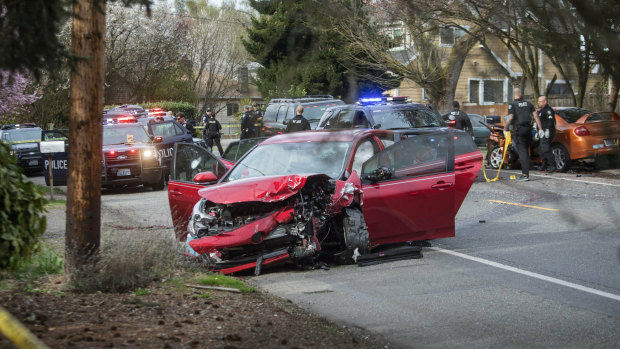 Sand Point Way Northeast, where two cars collided following a shooting in Seattle.