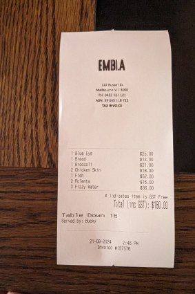 The bill for lunch for two at Embla