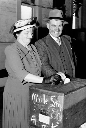 Cahill and his wife Esmey vote in the 1953 State Election at Marrickville on 14 February 1953.