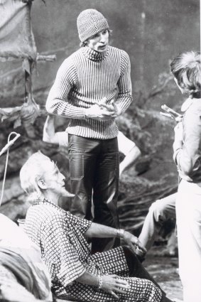 Robert Helpmann and Rudolf Nureyev discuss set lighting with a technical assistant during the filming of Don Quixote in 1972.