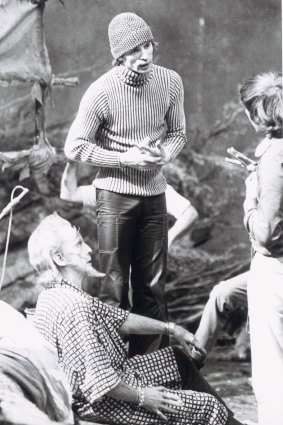 Robert Helpmann and Rudolf Nureyev discuss set lighting with a technical assistant during the filming of Don Quixote in 1972.