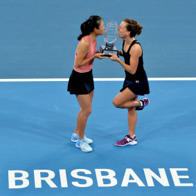 Barbora Strycova and Su-Wei Hsieh celebrate their doubles victory in Brisbane. 
