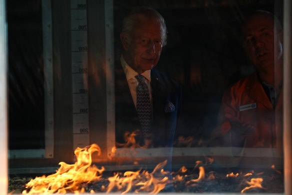 King Charles III watches a fire demonstration at the CSIRO’s National Bushfire Behaviour Research Laboratory to learn about world-leading burn-over protection systems, and bushfire behaviour.