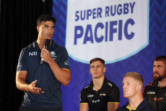 Joseph-Aukuso Suaalii of the Waratahs speaks during the 2025 Super Rugby Season Launch