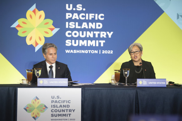 East-West Centre President Suzanne Puanani Vares-Lum, left, speaks at the US-Pacific Island Country Summit with Secretary of State Antony Blinken at the State Department in Washington.