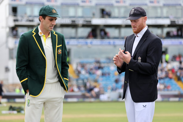 Rival skippers Pat Cummins and Ben Stokes at the coin toss.