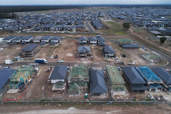 Houses under construction at Marsden Park in Sydney’s north-west in June 2020.