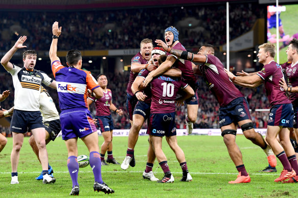 What a finish ... Brumbies back Mack Hansen pleads with Nic Berry for a knock-on call as he awards James O’Connor’s try.