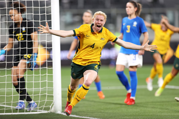Clare Polkinghorne celebrates scoring a goal during a friendly against Brazil in October 2021.