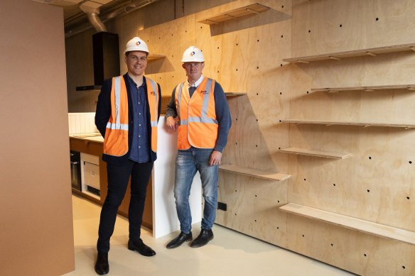 Inner West mayor Darcy Byrne, r, with the CEO of Nightingale Housing Dan McKenna visiting the affordable housing project at Marrickville that is nearing completion.