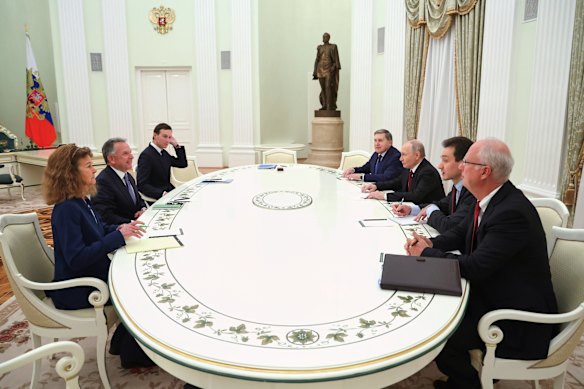 Russian President Vladimir Putin, third from the right, at the talks with US special envoy Steve Witkoff, second left, and Jared Kushner, third left, at the Kremlin in Moscow on Wednesday (AEDT).