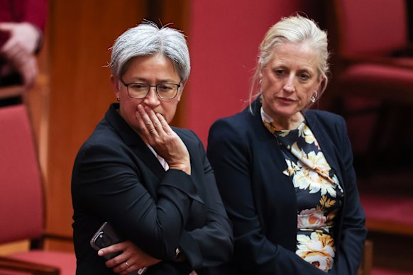 Leader of the Government in the Senate Penny Wong and Finance Minister Katy Gallagher during the session.