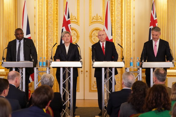 Wong and Marles with British Foreign Secretary David Lammy (left) and British Defence Secretary John Healey (second from right) in London.