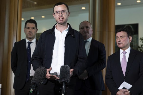 Gabriel Shipton addresses the media in Canberra. 