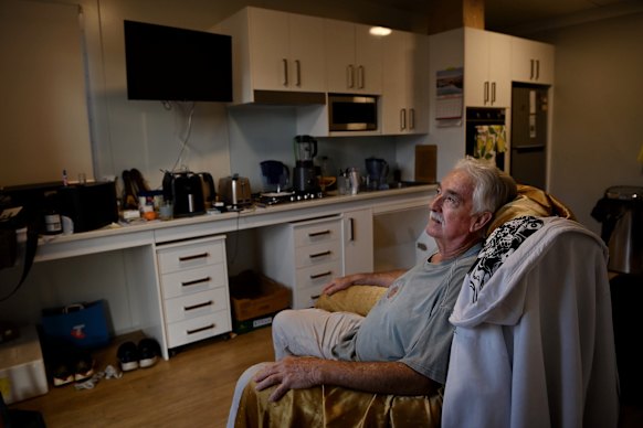Resident Dirk Skelton in his accommodation at the NSW government-funded Bayside village in Brunswick Heads.