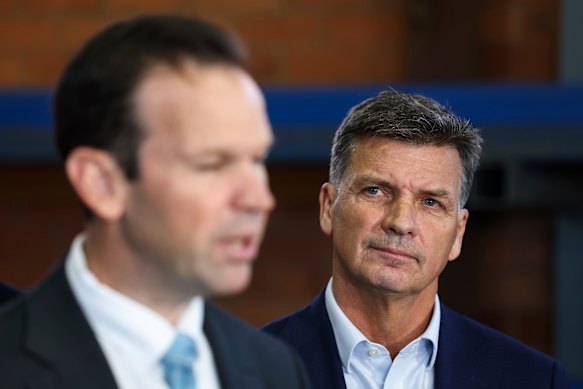 Nationals leader Senator Matt Canavan and Opposition Leader Angus Taylor during a visit to Eze Steel Canberra, in Fyshwick.