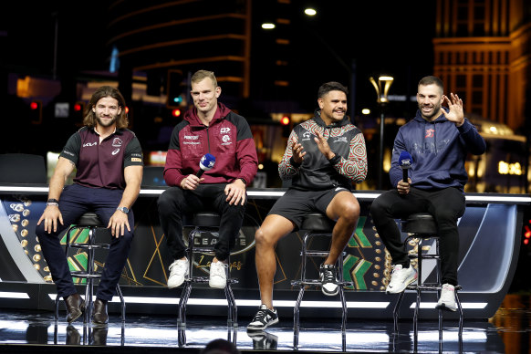 Brisbane’s Pat Carrigan, Manly’s Tom Trbojevic, Souths’ Latrell Mitchell and the Roosters’ James Tedesco at the NRL Las Vegas Launch on Thursday (AEDT).