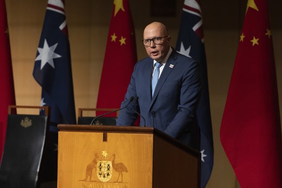 Opposition Leader Peter Dutton speaks at Monday’s official luncheon with Chinese Premier Li Qiang.
