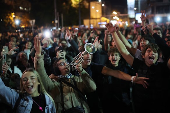 Celebrations after the defeat of  Aleksandar Vucic’s ruling Serbian Progressive Party.