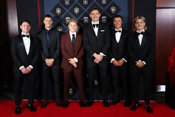 Brisbane Lions stars Lachie Neale, Josh Dunkley, Levi Ashcroft, Harris Andrews, Hugh McCluggage and Will Ashcroft early this week at their club’s Brownlow Medal funcion.