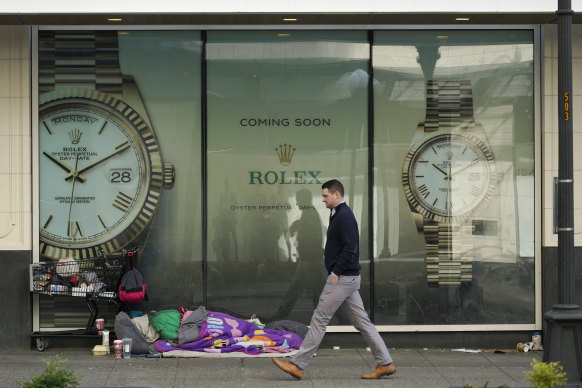Sleeping rough in Seattle. Life expectancy is falling in the United States as inequality increases.