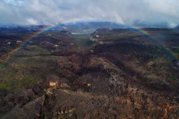 End of the autumn warmth: Rainbows over Dargan looking into the Grose Valley, a region still bearing the brutal scars of the summer fires. 