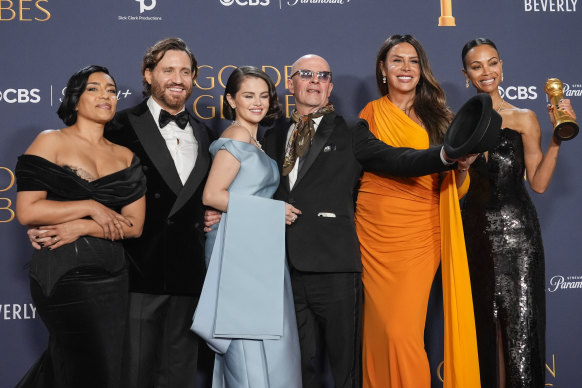 Happier times: Emilia Perez cast members Adriana Paz (from left) Edgar Ramirez, Selena Gomez, director Jacques Audiard, Karla Sofia Gascon, and Zoe Saldana win the Golden Globe for best motion picture - musical or comedy.