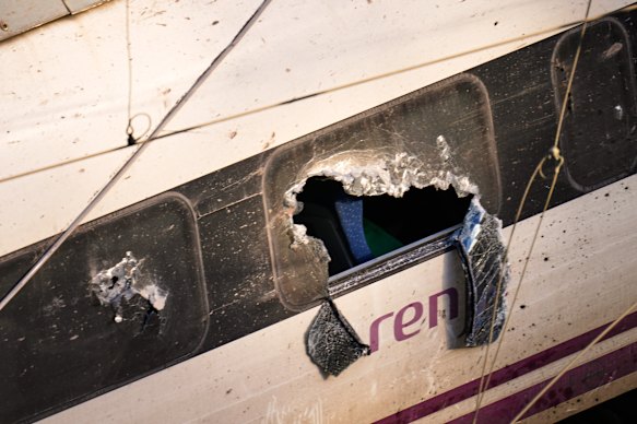 Broken windows of a crashed train.