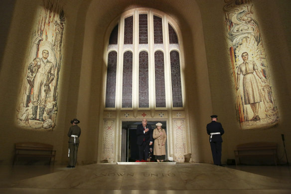 Prime Minister Scott Morrison and Jenny Morrison lay a wreath at the Tomb of the Unknown Australian Soldier in Canberra.