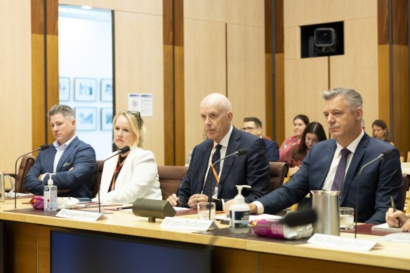 From left: Nine’s Mike Sneesby, Ten’s Beverley McGarvey, FreeTV chair Greg Hywood and Seven’s James Warburton.