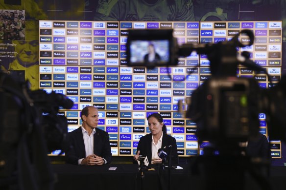 Rugby Australia CEO Phil Waugh (left) with new Wallaroos head coach Jo Yapp (right).