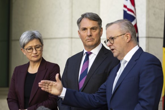 Foreign Affairs Minister Penny Wong, Defence Minister Richard Marles and Prime Minister Anthony Albanese announce extra support for Ukraine.