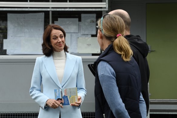 Independent candidate Sophie Scamps at a polling booth in Narraweena.