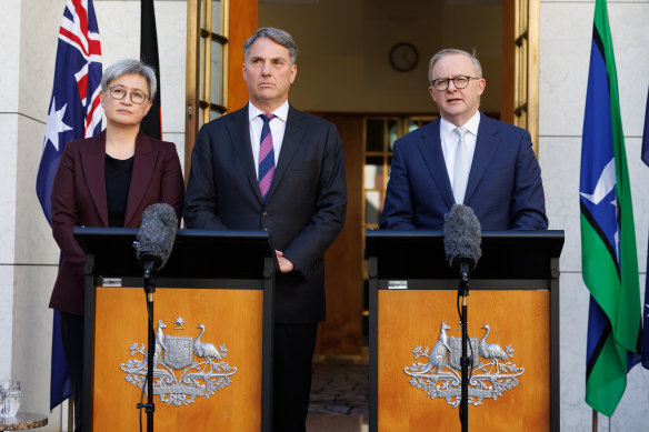 Foreign Affairs Minister Penny Wong, Deputy Prime Minister Richard Marles and Prime Minister Anthony Albanese announce extra assistance for Ukraine. 