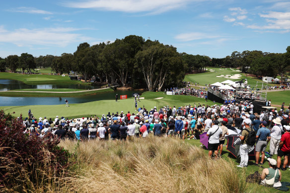 The Australian Open crowd near the ninth green at The Australian Golf Club.