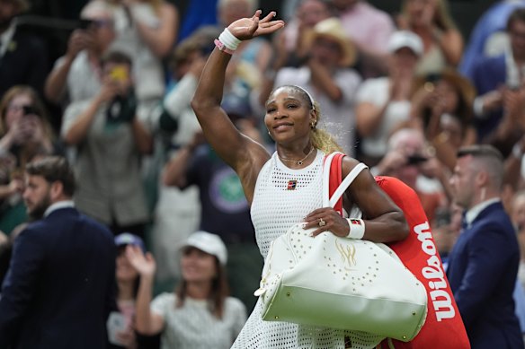 Serena Williams waves goodbye to the crowd.