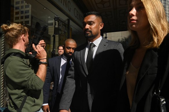 Sri Lankan cricketer Danushka Gunathilaka (2nd from right) arrives at Downing Centre District Court to face a judge-alone trial.