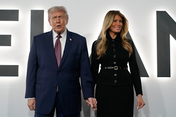 President Donald Trump and first lady Melania Trump arrive for the premiere of her documentary Melania at the renamed Trump Kennedy Centre in Washington.